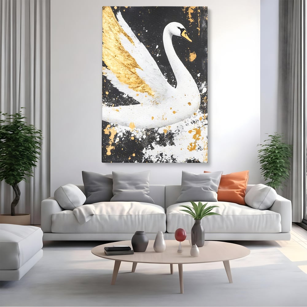 Tablou canvas cu tablou canvas cu lebada si auriu, fara rama, pe sasiu de lemn, pe perete intr-un living